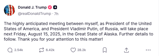 
Долгожданная встреча между мной, президентом Соединённых Штатов Америки, и президентом России Владимиром Путиным состоится в следующую пятницу, 15 августа 2025 года, в штате Аляска. Подробности будут опубликованы позже. Благодарю вас за внимание к этой теме!