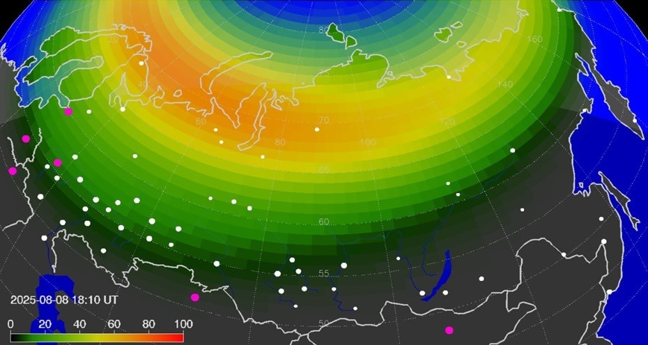    Вероятность северного сияния в России вечером 8 августа. Автор фото: t.me/lpixras