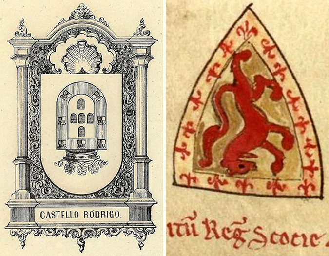 Cлева — герб Каштелу Родригу; Справа — опрокинутый щит супоминанием смерти короля Шотландии Александра II