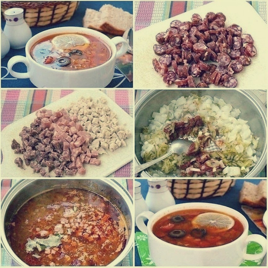 Ингредиенты:
⠀
Свинина мякоть - 300 гр.
 Колбаса варено-копчёная - 150 гр.
 Колбаса сырокопчёная - 100 гр.
Колбаса баварская - 150 гр.
 Лук - 1 шт.
Огурцы солёные - 1-2 шт.
 Томатная паста - 1 столовая ложка.
 Вода - 2 литра.
 Лавровый лист - 2 шт.
 Перец - по вкусу.
 Соль - по вкусу.
 Маслины - 10 шт.
 Рассол из маслин - 100 мл.
 Лимон - для подачи.
⠀Приготовление:
⠀Отварить мясо.                                                                                                                                                                                                                                                                  Нарезать кубиками репчатый лук, огурцы натереть на тёрке.                                                                                                                                                                                              В сковороде разогреть подсолнечное масло, выложить лук и огурцы, немного обжарить и добавить томатную пасту.                                                                                                                                  Обжарить лук с огурцами и томатом.                                                                                                                                                                                                                                 Налить 50 мл воды, перемешать и тушить 10 минут.                                                                                                               Мясо вынуть из бульона и нарезать кубиками, так же нарезать колбасу.                                                                                                                                                      В готовый бульон добавить лук, варить 10 минут, после чего добавить мясо и колбасные изделия и варить ещё 10 минут.                                                           
 Обязательно добавить в солянку лавровый лист.

⠀

⠀
