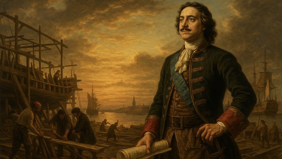 Пётр I стоит на строительной площадке Санкт-Петербурга, закатное небо залито золотым светом, рабочие строят корабли на верфях