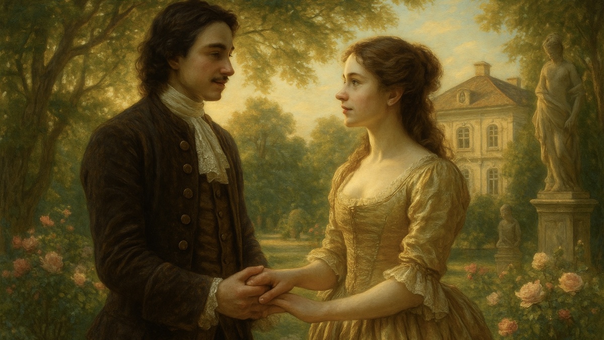 Молодой Пётр I нежно держит за руку Анну Монс в цветущем саду у элегантного европейского особняка 