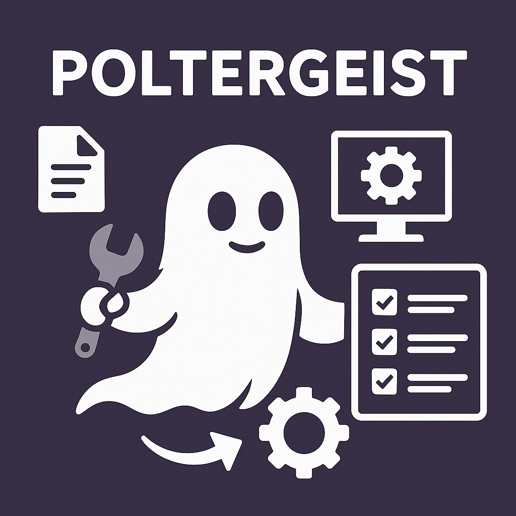 Дружелюбный призрак с гаечным ключом окружён иконками файлов, шестерёнок, чек-листов и экрана, символизируя Poltergeist — кроссплатформенный наблюдатель за файлами с авто-сборкой проектов.