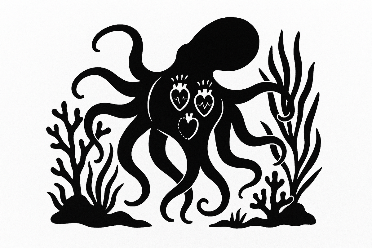 Во время плавания одно из сердец осьминога отключается — иллюстрация показывает этот удивительный механизм в стиле силуэтной вырезки.