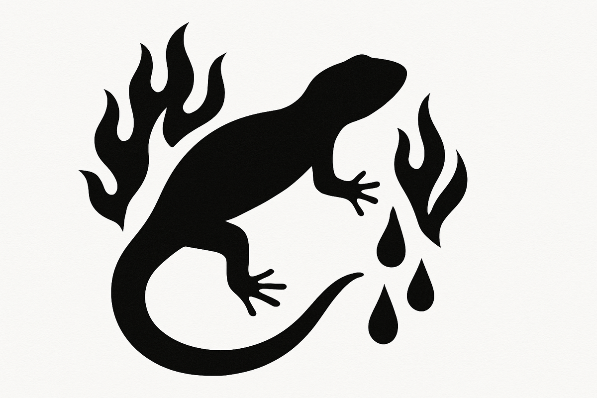 Силуэт саламандры в окружении огня и воды — визуальный образ перерождения