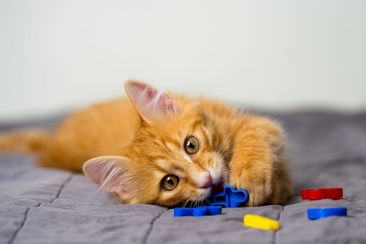 Рыжий котик играет мелкими игрушками 