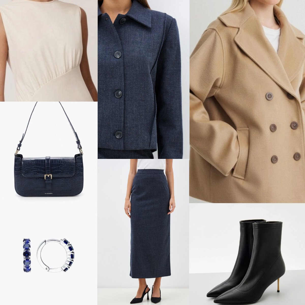 Синий и бежевый 🫶🏻 Мне в этом образе нравится все — и темно-синий цвете нижнего слоя в сочетании с темно-синими вставками в очень милых сережках, и темно-синяя сумка и бежевое пальто. Если вы не любите носить жакет под пальто, то можно заменить джемпером или свитером в молочном, голубом, бежевом цвете. Утонченная гамма и очень простая. Пробуйте 🫶🏻