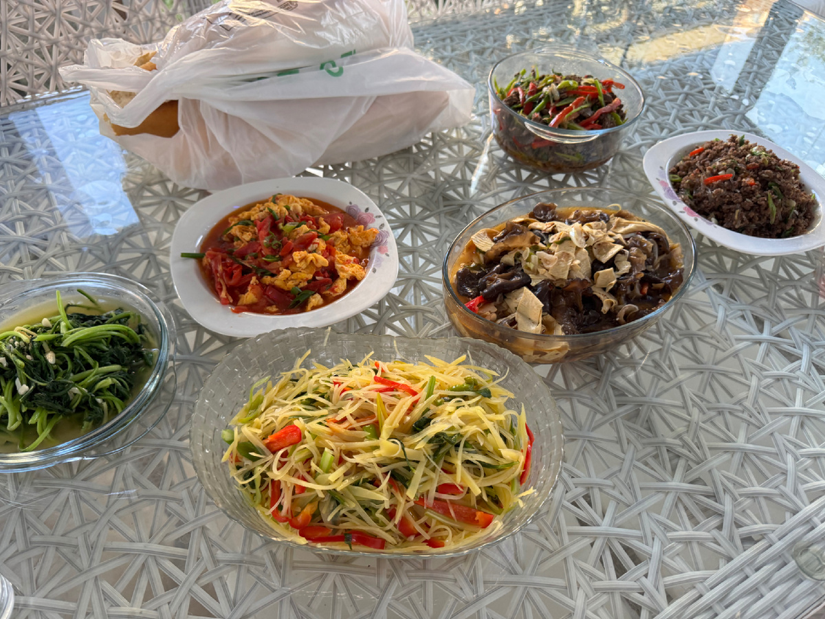 На ужин у нас картошка, тонко порезанная с овощами, фарш со стеклянной лапшой, яйца, жареные с помидорами, тофу с грибами, говядина с овощами. Мелек привезла из Китая тофу и грибы, и даже нож и вок для жарки