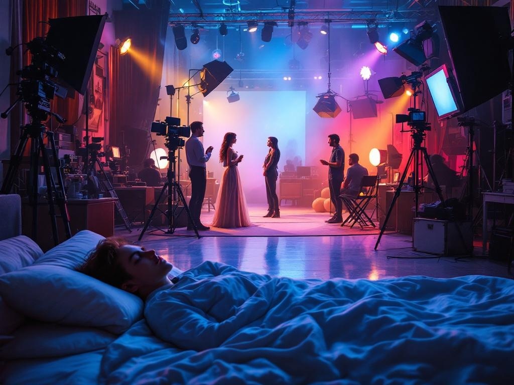    К чему такое снится: На картине изображена киноплощадка с разнообразными реквизитами и камерами. Женщина в костюме сценического персонажа разговаривает с другими актерами, пока режиссер