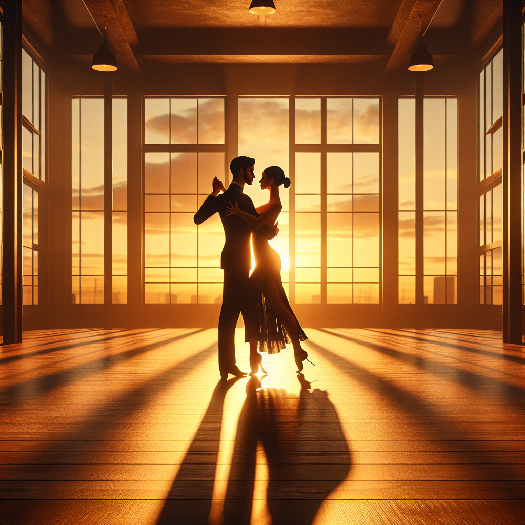 Мужчина и женщина танцуют танго в полупустом зале с золотистым светом заката, их силуэты отражаются в зеркалах.