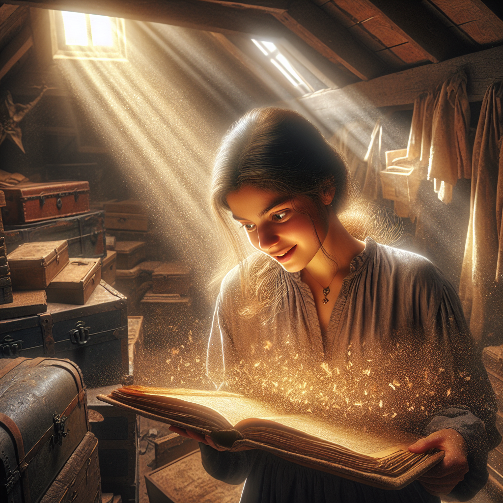 Девушка на пыльном чердаке держит старую кулинарную книгу, через окно пробивается луч света, освещая её удивлённое лицо.