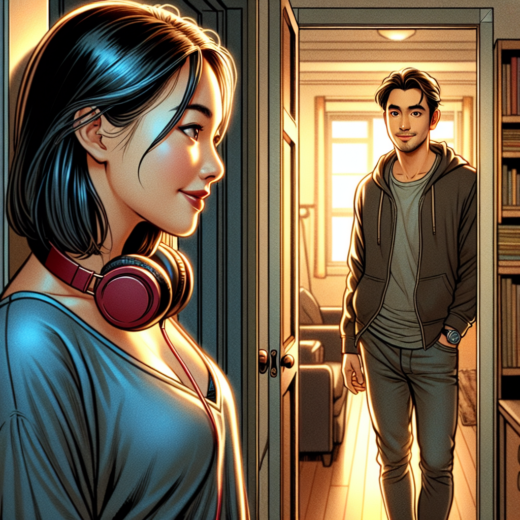 Девушка в наушниках стоит в дверном проёме напротив своего соседа, между ними искрится момент узнавания и влюблённости.