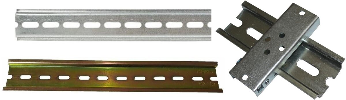 Слева – рейки DIN с покрытием «белый» и «желтый» цинк. Справа – монтажная панель Commeng DR MP, установленная на рейке DIN.