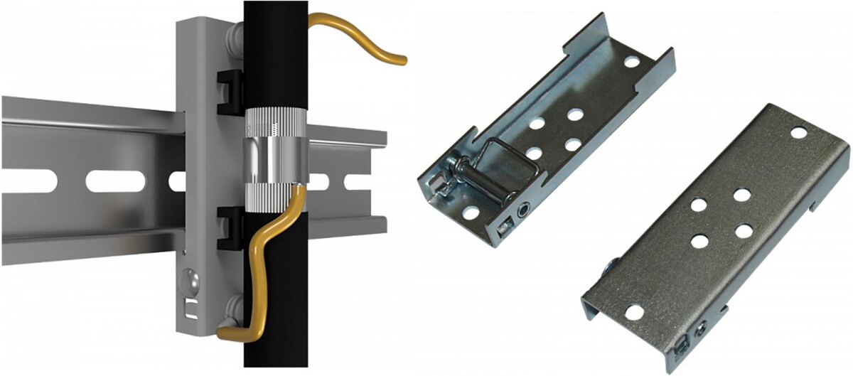    Слева: Устройство для заземления экранов и брони кабелей с креплением на рейку DIN УЗ-ЭБК ДР. Справа -  монтажная панель Commeng DR MP