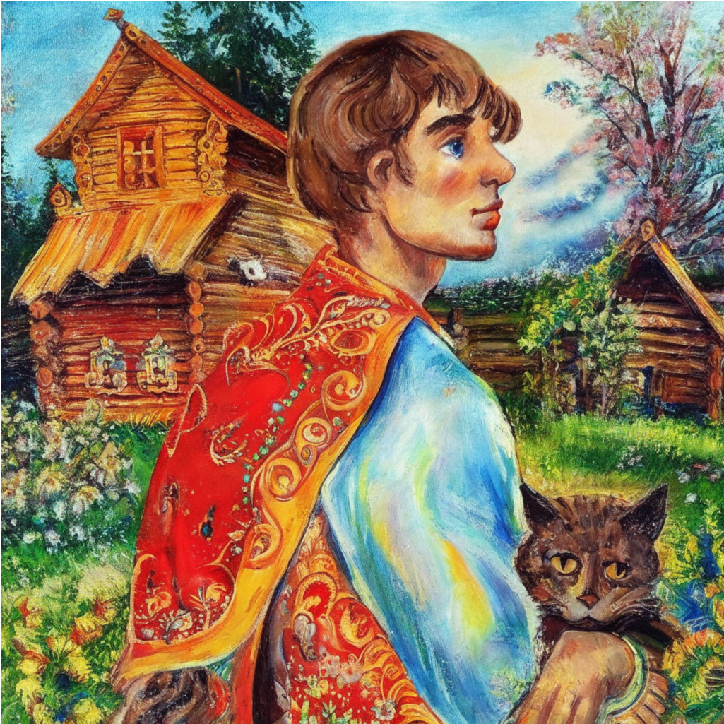 Иван с избой и котом прощается, на подвиги собирается. Сад над Иваном шумит, на крылечке кот сидит.