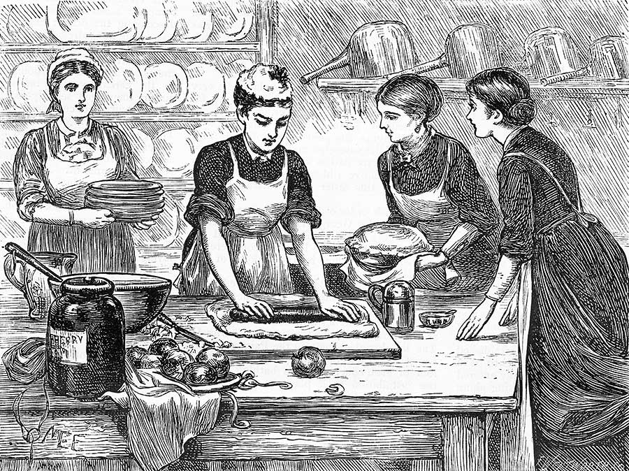 Иллюстрация с изображением кухонных служанок за работой, первоначально опубликованная в журнале Girl's Own Paper в 1883 году. (© Lakeview Images/Alamy Stock Photo)