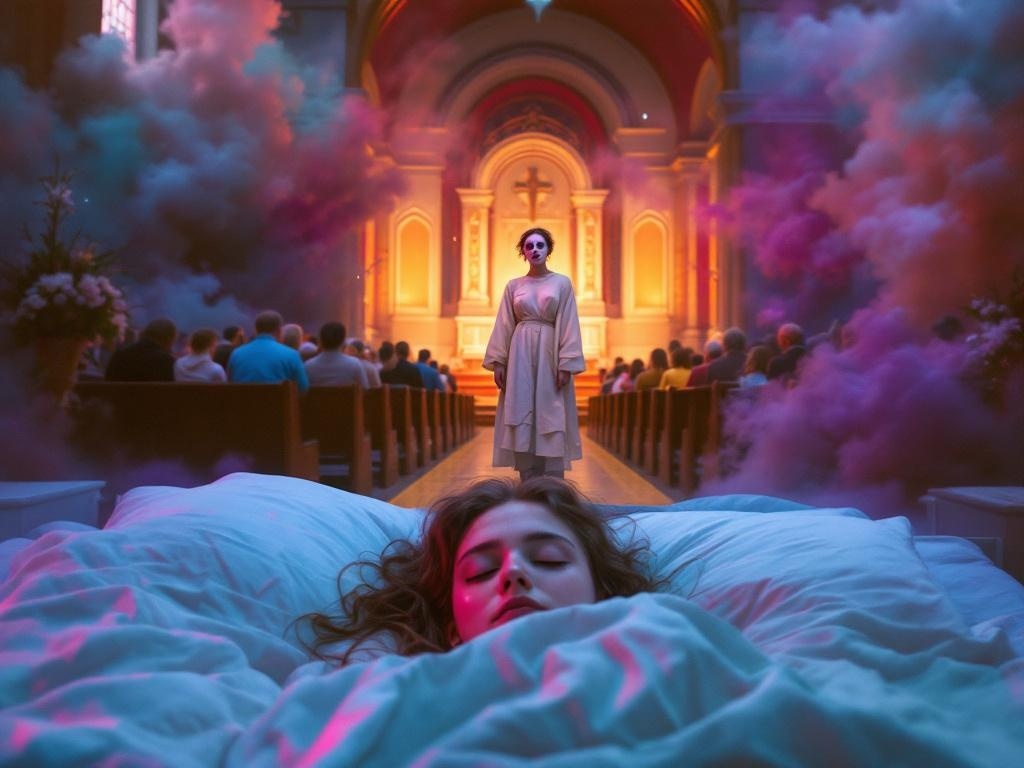    К чему такое снится: На картине изображена женщина в недокрашенном лице и неподходящей одежде в церковном зале, стоящая среди собравшихся гостей. Вокруг нее видны украшенные скамьи и алт