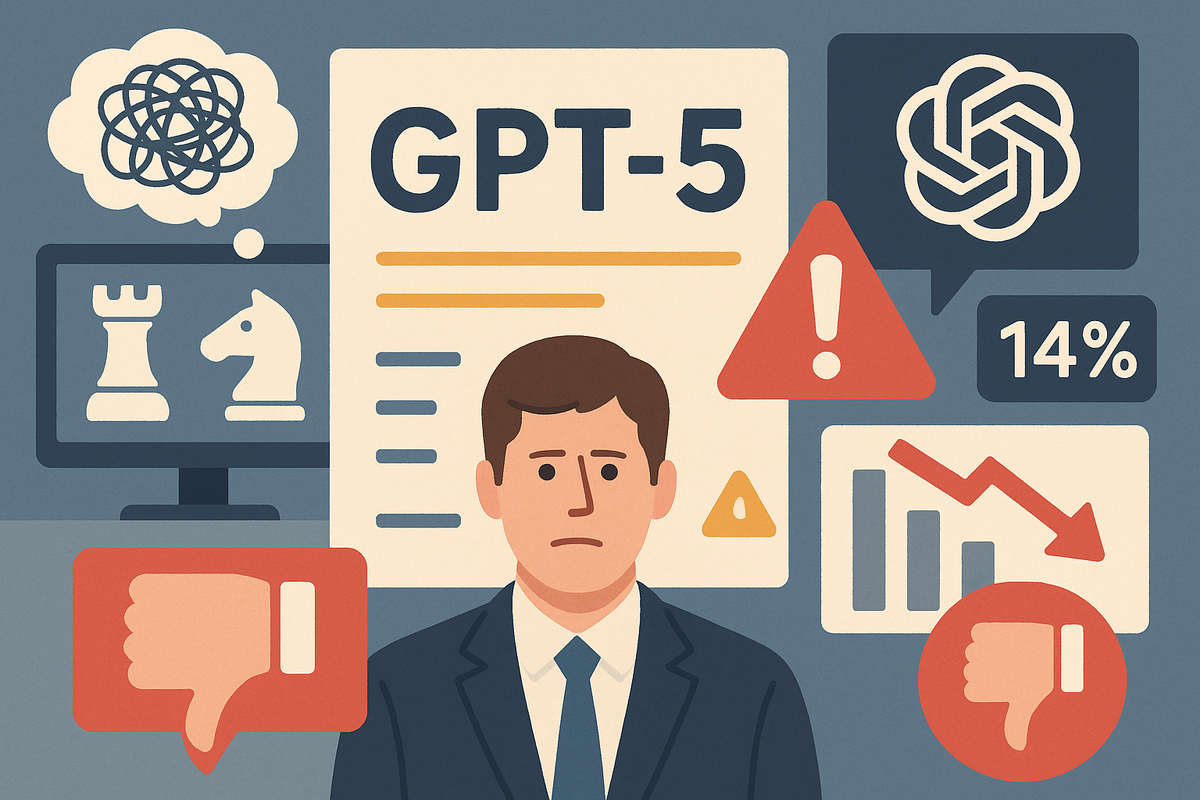 На иллюстрации в плоском графическом стиле изображена критика GPT-5: в центре — лист с надписью «GPT-F» и красным крестом, символизирующим провал, вокруг — логотип OpenAI, шахматная доска с предупреждающим знаком, грустное лицо на экране смартфона, падающий график и красные стрелки, отражающие негативную реакцию и падение доверия к модели.