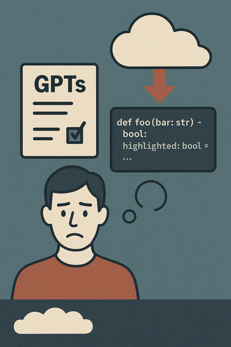 На иллюстрации изображён мужчина, сидящий за ноутбуком с грустным выражением лица, символизирующим ощущение отставания от развития GPT-технологий. На заднем плане — иконки кода, галочка выполнения и логотип GPT, расположенные на фоне растущей стрелки, указывающей на быстрый прогресс технологий.