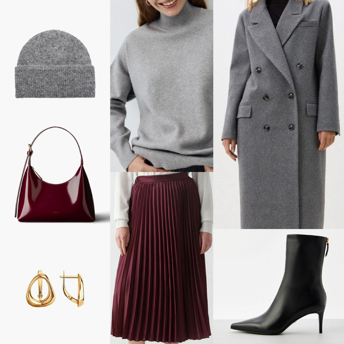 Бордовый и серый — уже классика 🫶🏻 Я больше люблю, когда бордового в образах меньше, но можно сделать и наоборот.