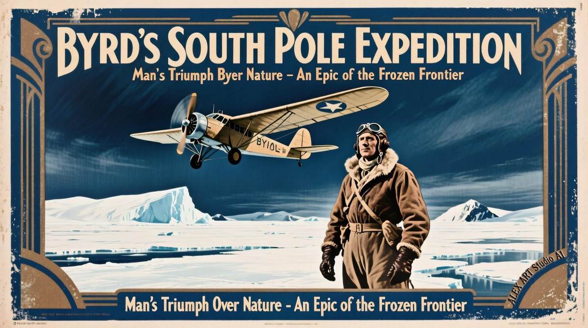 Рекламный плакат к фильму 1930 года об экспедиции Бёрда к Южному полюсу. Этот плакат, созданный для популяризации подвига Бёрда, изображал его самолёт над бескрайними льдами Антарктиды, символизируя триумф человека над природой.