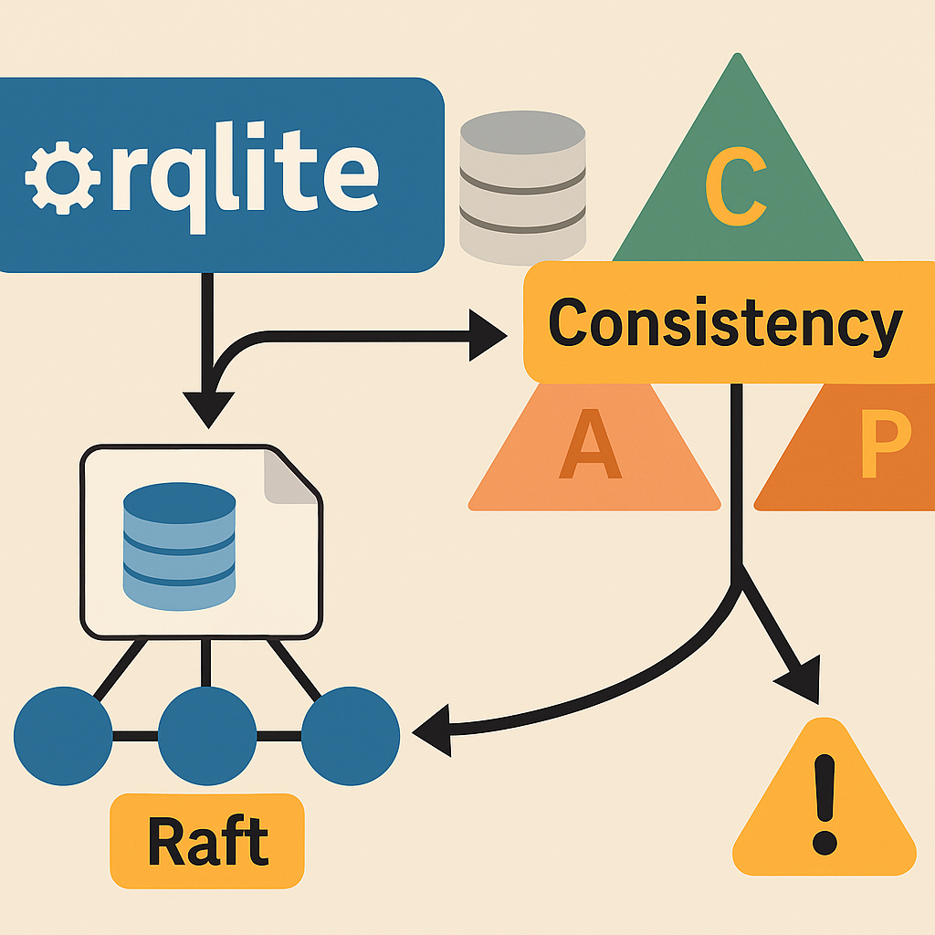 На иллюстрации показана схема работы rqlite в контексте теоремы CAP: выделена консистентность (Consistency) над доступностью (Availability), изображены серверы в распределённой сети, логотип rqlite и четыре уровня согласованности чтения — Weak, Strong, Linearizable и None.