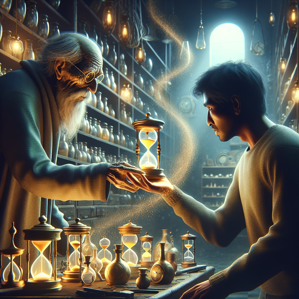 Старик-часовщик передаёт молодому человеку светящиеся золотые песочные часы в полумраке таинственной лавки.