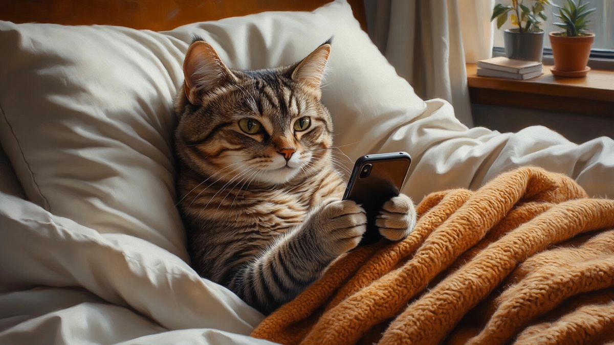 Генерация из Шедеврум @impression_mind. Котик в смартфоне утром