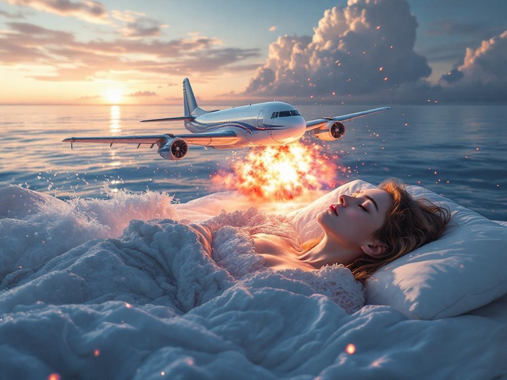    К чему такое снится: На картине изображён момент, когда самолёт, управляемый женщиной, падает в воду. Окружающая сцена спокойна, только водная гладь и небо вокруг. Взрыв начинается со дн