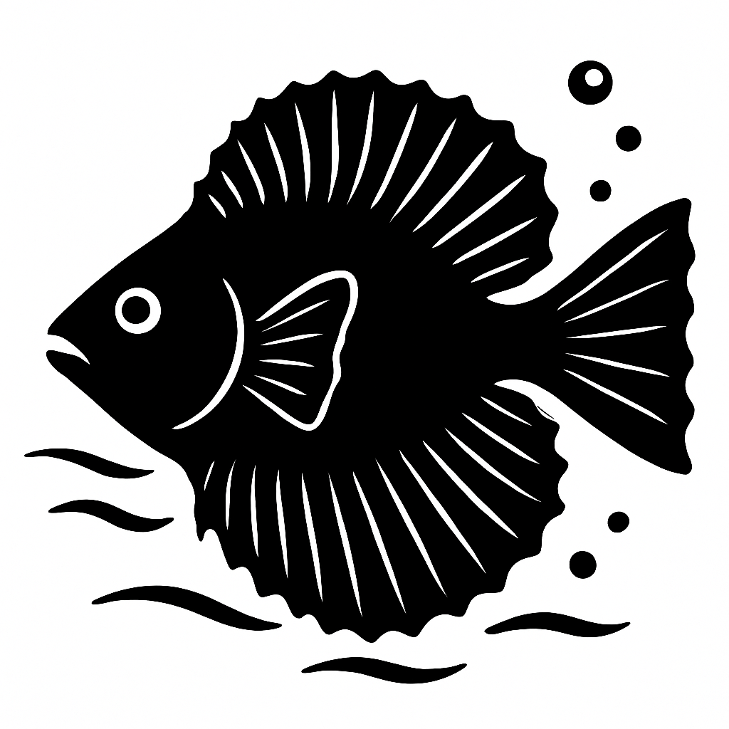 Силуэт рыбы-гармошки с расправленными плавниками, окружённой волнами и пузырьками — визуализация её уникальной способности менять форму под водой.