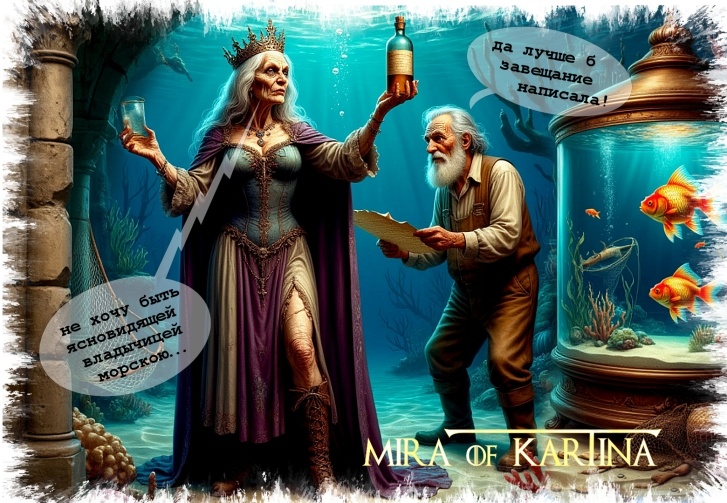 Авторская карикатура от Миры Ка́ртиной. Ещё одно, на этот раз на грани подделки под ИИ, продолжение "Сказки о Золотой Рыбке".