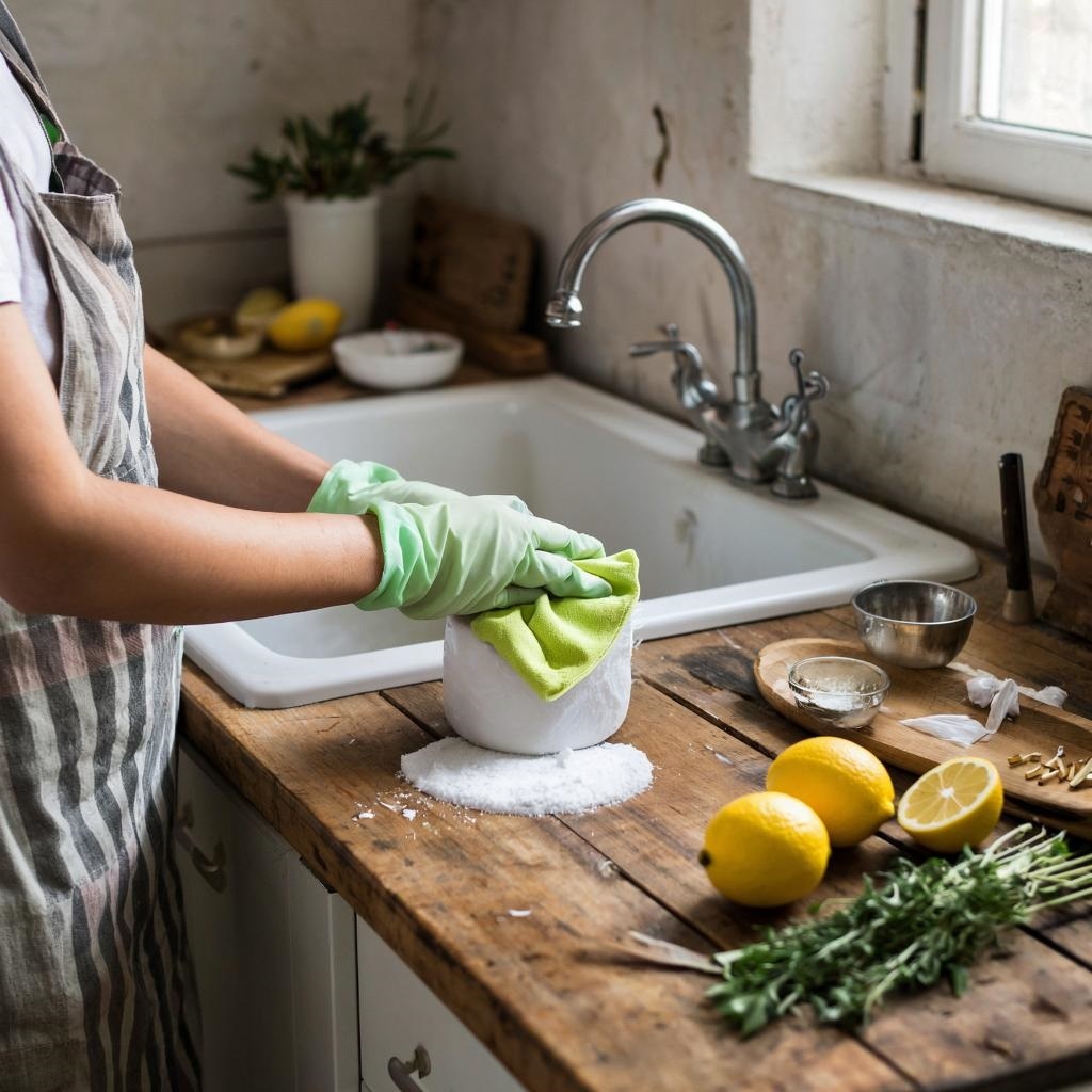Фото практического применения домашнего чистящего средства на кухне.
