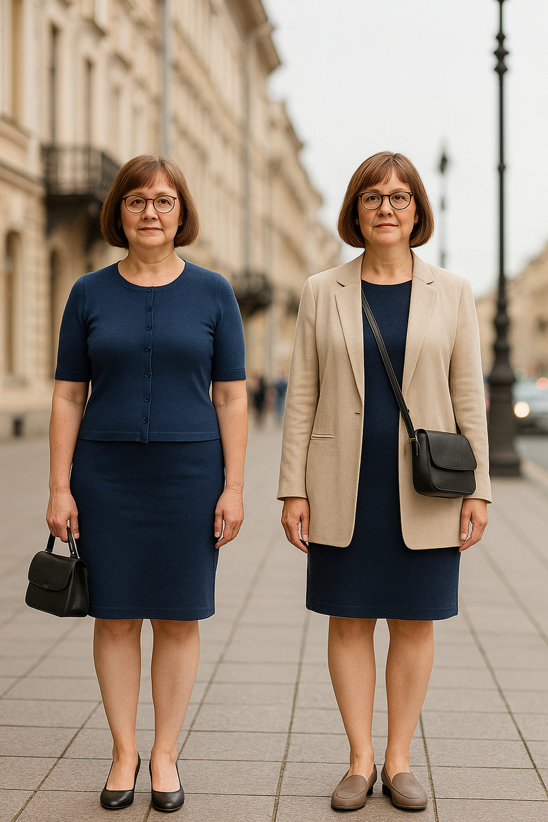 Силуэт резал фигуру на два блока. Исправили длиной и геометрией: удлинённый прямой жакет и сумка на длинном ремне вытягивают вертикаль.