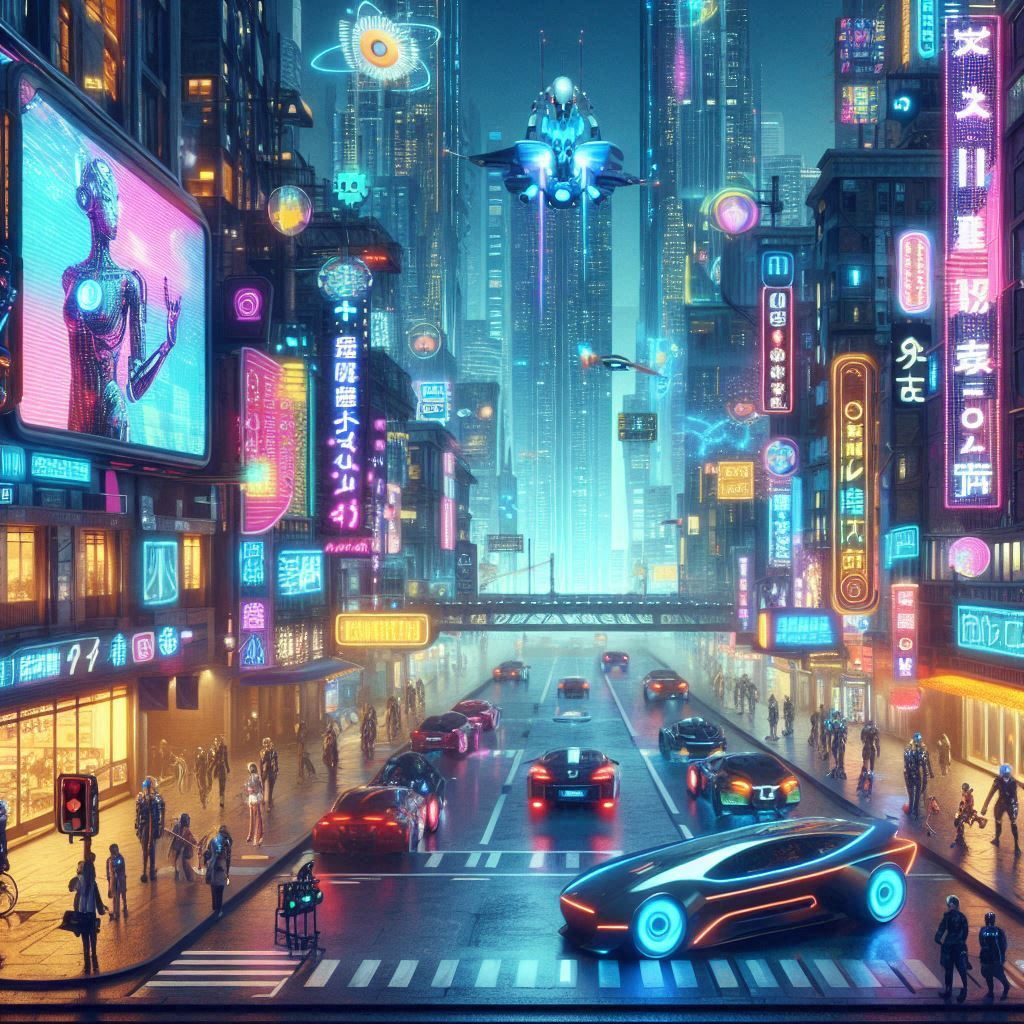 Футуристический городской пейзаж с неоновыми огнями, летающими автомобилями и цифровыми рекламными щитами на тему искусственного интеллекта, представляющими передовые технологии искусственного интеллекта в 2025 году.