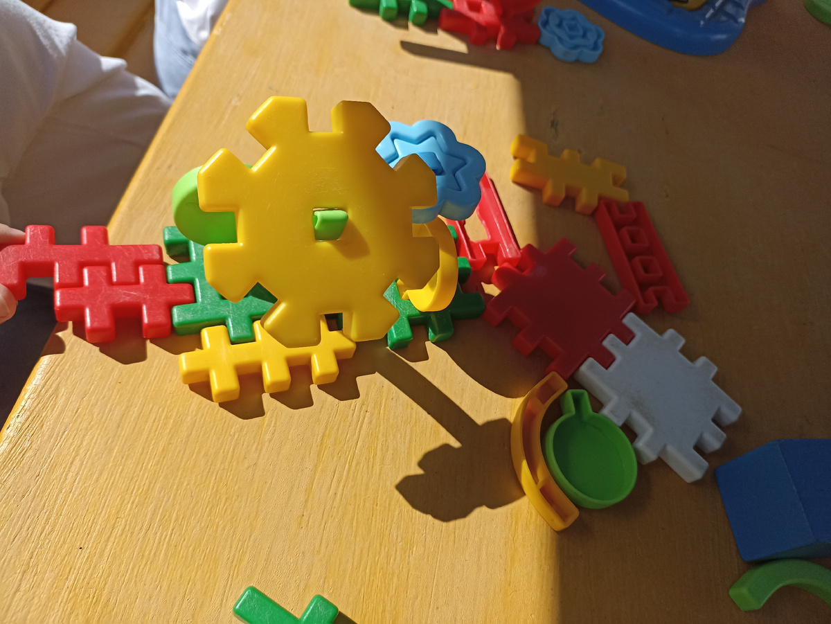 это мы с мелкими в саду собирали из конструктора домики и цветочки-садочки. Детям по три года, строго не судите) и да, это уличные игрушки и мы на веранде