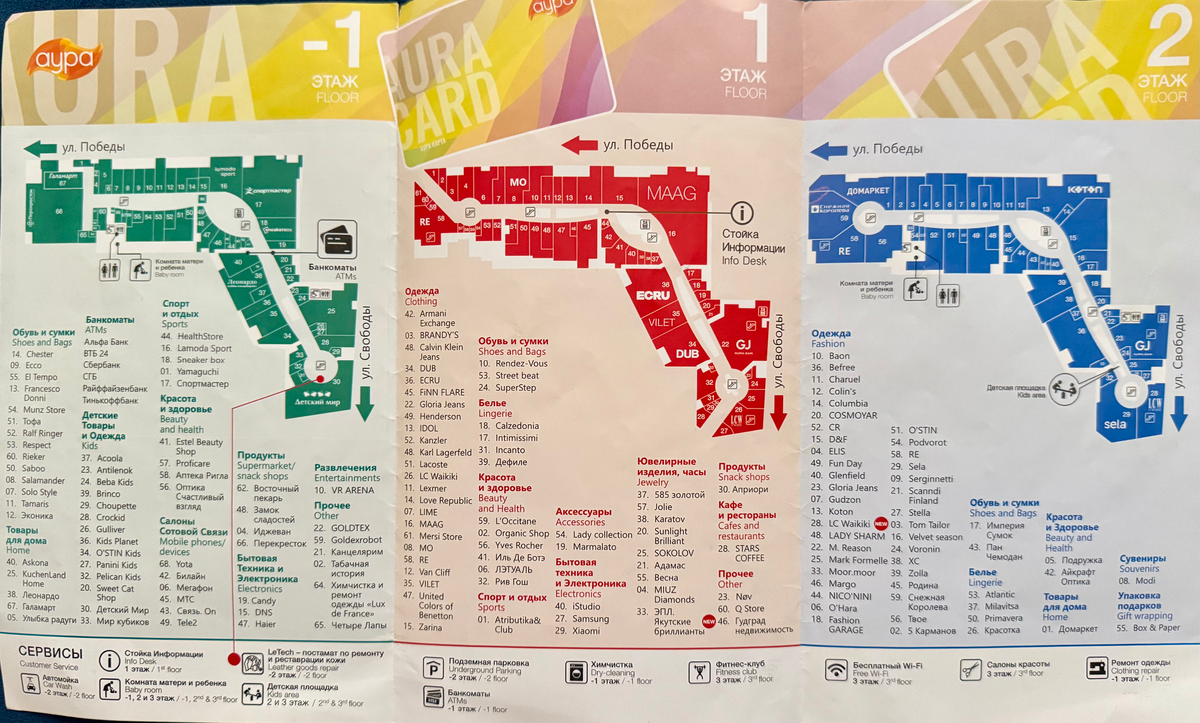Схема ТЦ "Аура" в Ярославле и список магазинов 