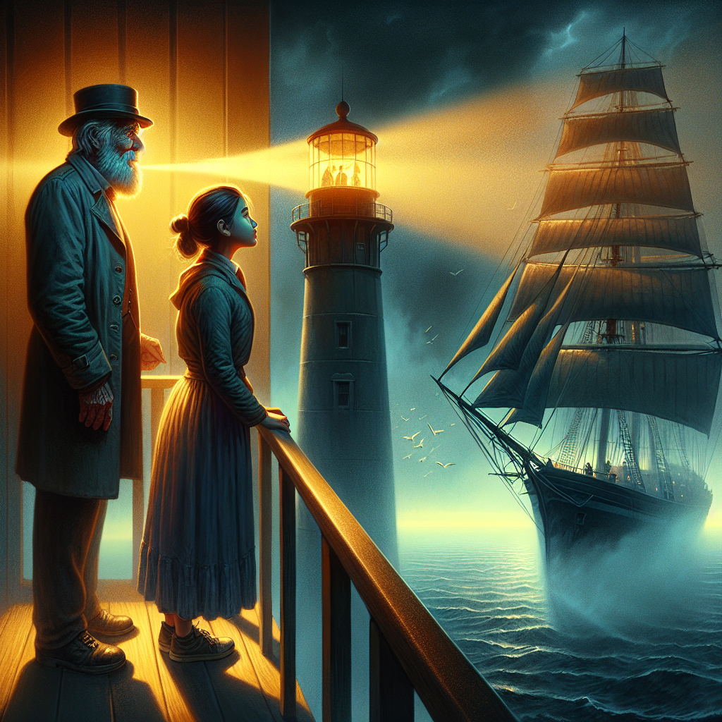 На фото Мужчина женщина маяк и корабль