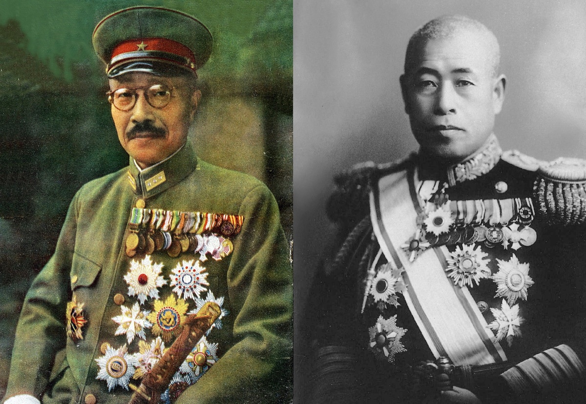 Премьер-министр Хидэки Тодзё (слева) и адмирал японского флота Исороку Ямамото (справа)