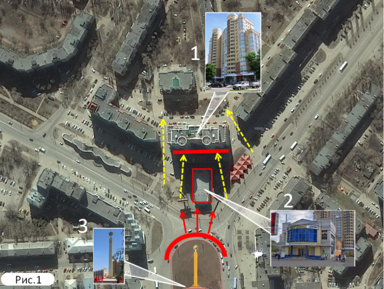 1. Дом-бинокль, 2. Бывший кинотеатр "Спутник", 3. Стелла "Победы"