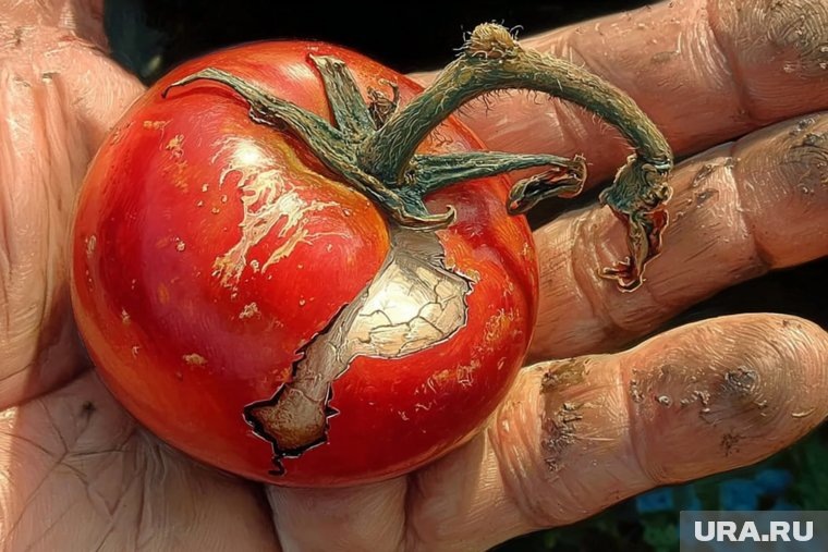     Нерегулярный полив — главная причина трещин на помидорах в конце лета Создано в Midjourney © URA.RU