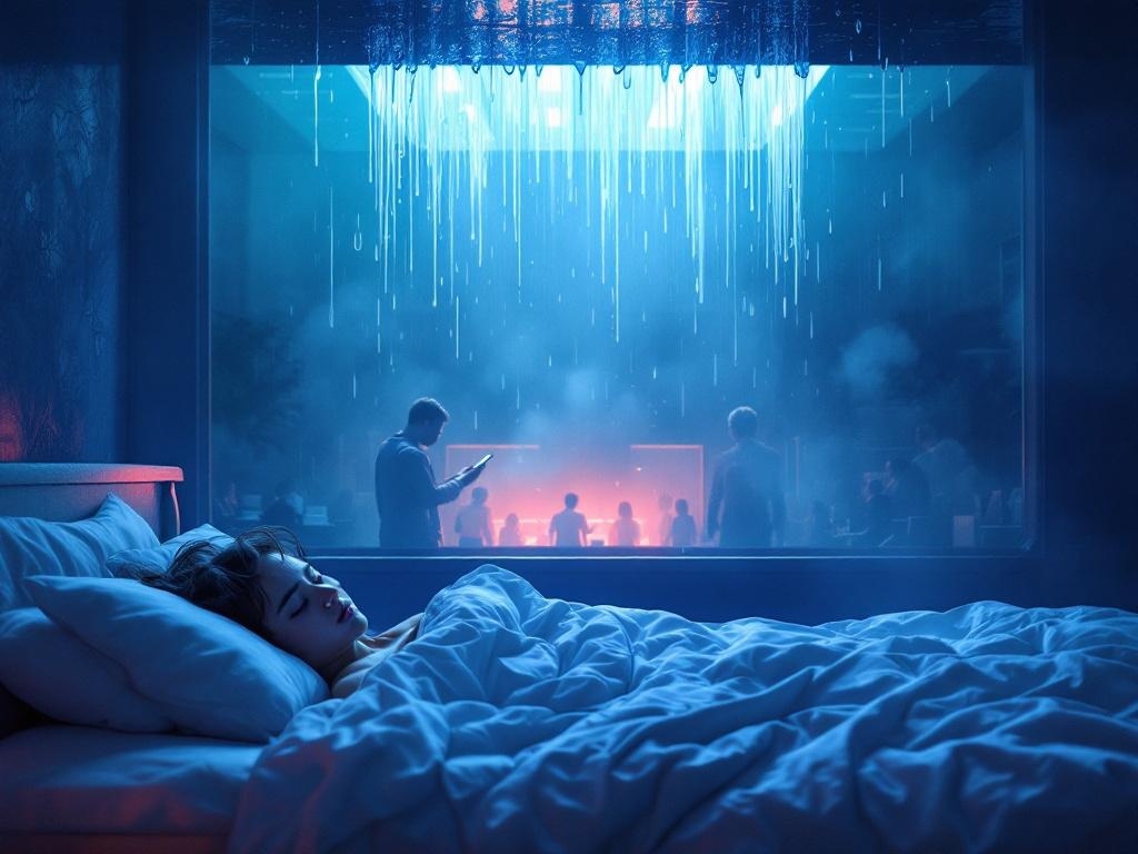    К чему такое снится: На картине изображен человек в комнате, где с потолка капает вода. Он выглядит растерянным и активно осматривает окружение, ища свой мобильный телефон. Вокруг него р