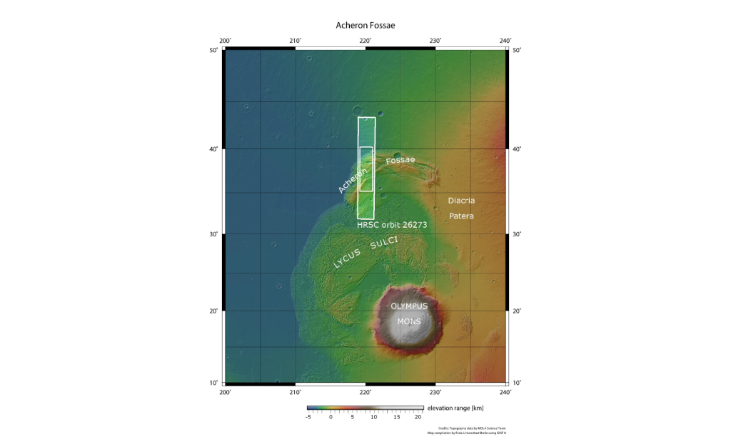 Контекстная карта региона Acheron Fossae. Источник: NASA/MGS/MOLA Science Team