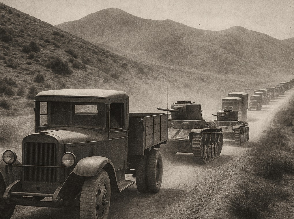Советская колонна грузовиков и танков движется по пыльной дороге в северном Иране во время операции «Согласие», август 1941 года.