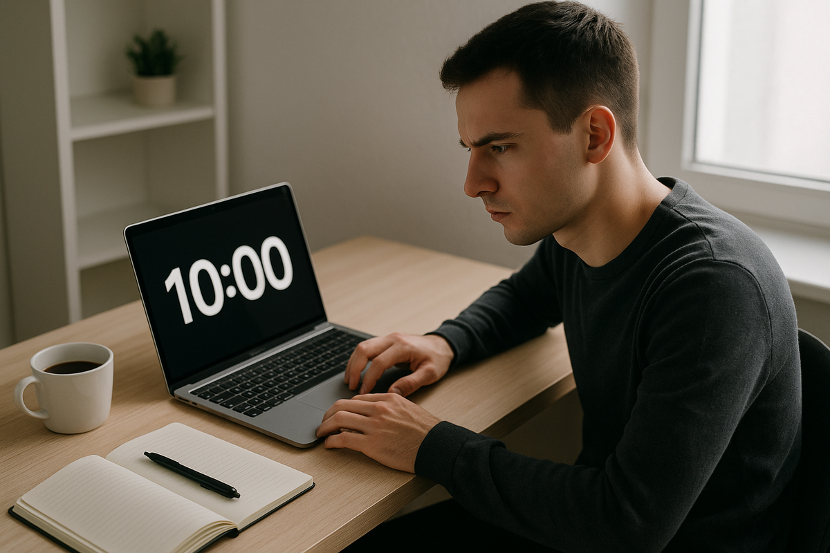 Человек за столом с таймером 10 минут