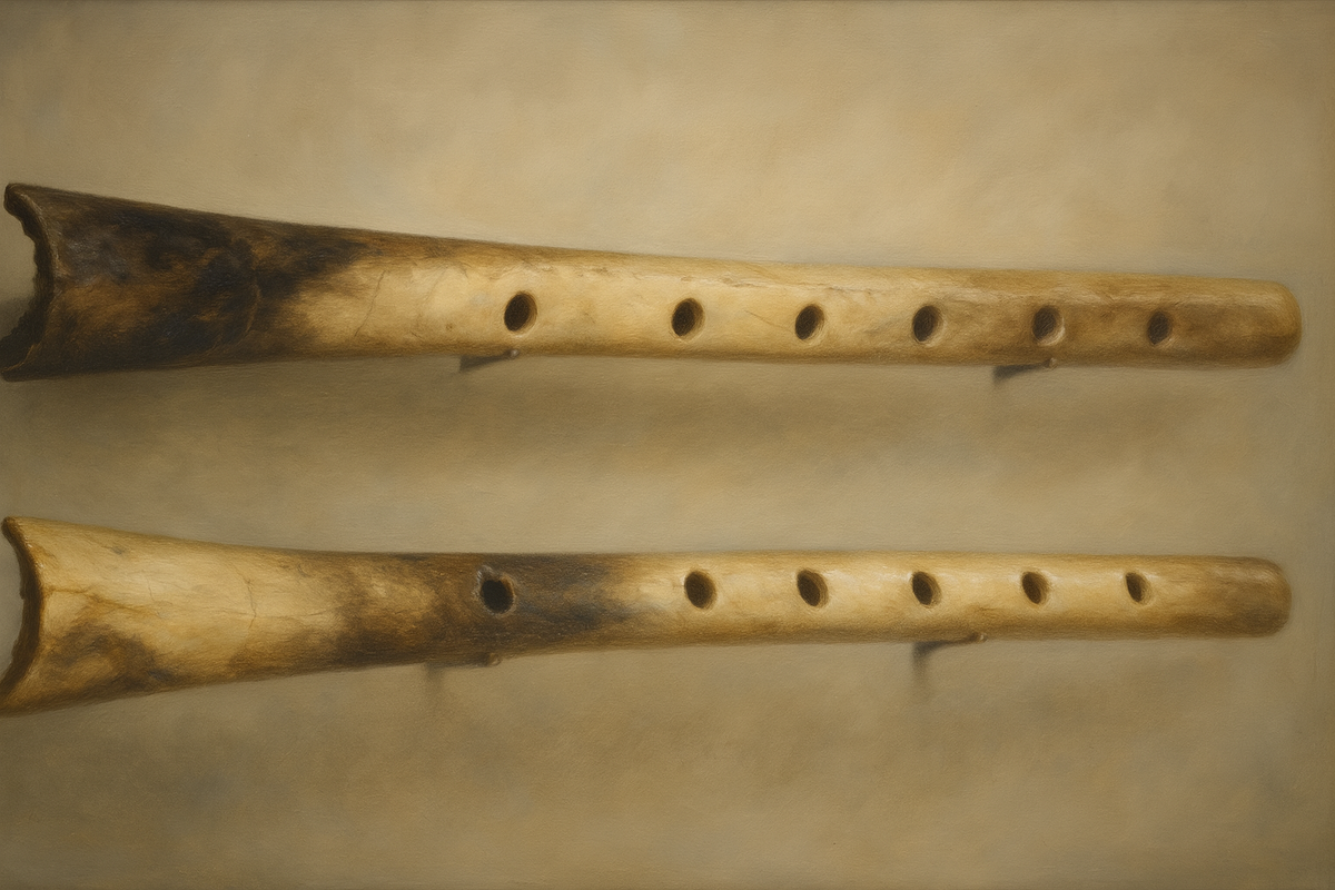 Две старинные костяные флейты с шестью игровыми отверстиями.