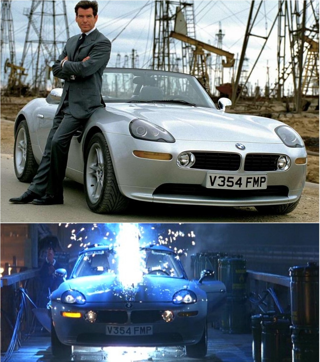 Рис. 2. Пирс Броснан позирует с автомобилем BMW Z8 и кадр из фильма «И целого мира мало»