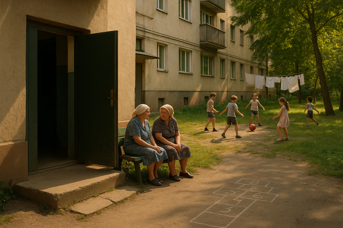 Двор в советское время был продолжением дома — открытые двери, бабушки на лавочке и детский смех.
