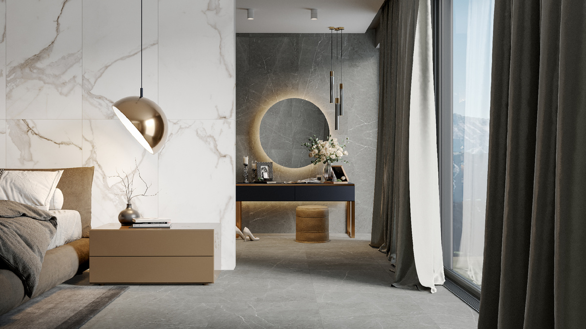 Интерьер спальни с керамогранитом под мрамор Iceberg и Skala