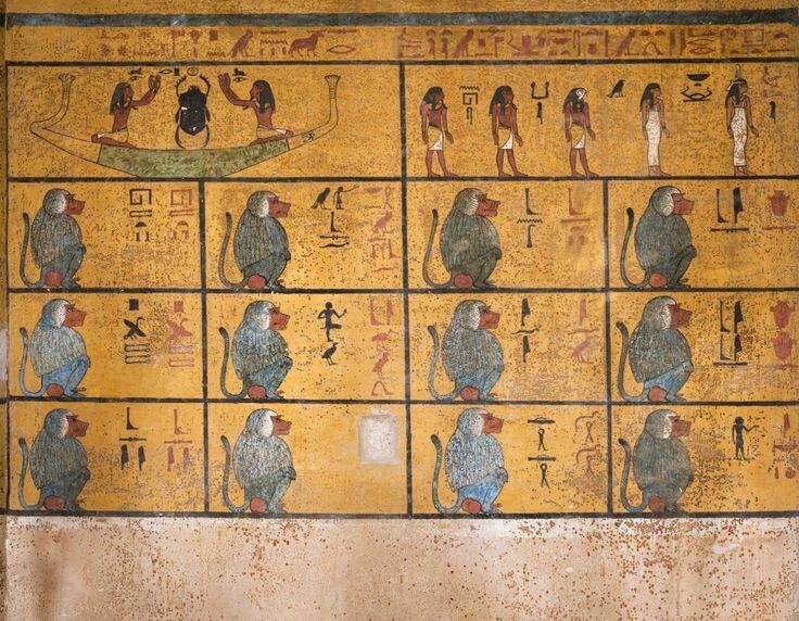 Фреска из гробницы Тутанхамона. Она отражает момент перехода в загробный мир. 12 обезьян символизируют 12 часов перехода.