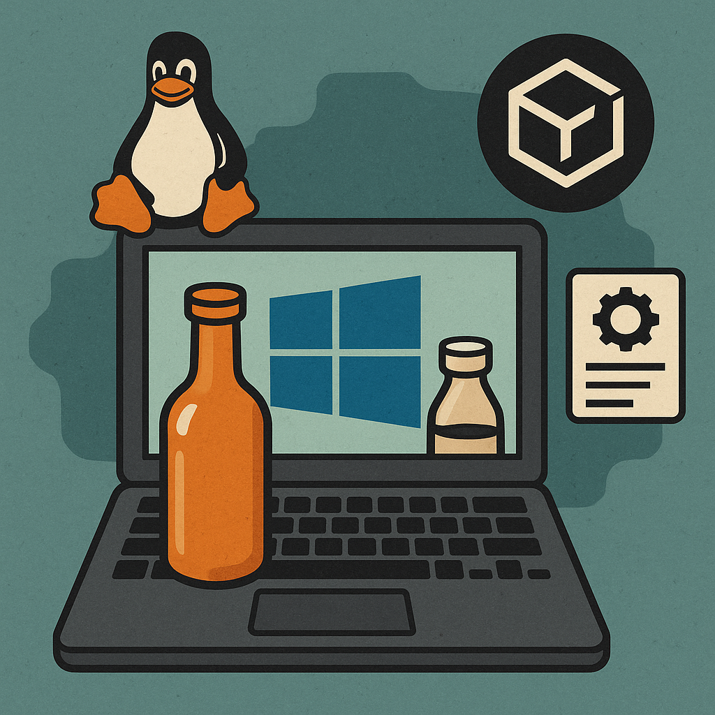 Минималистичная иллюстрация, символизирующая работу Windows-программ в Linux через Bottles — по центру стеклянная бутылка, соединяющая два монитора: с логотипом Windows и с пингвином Tux.